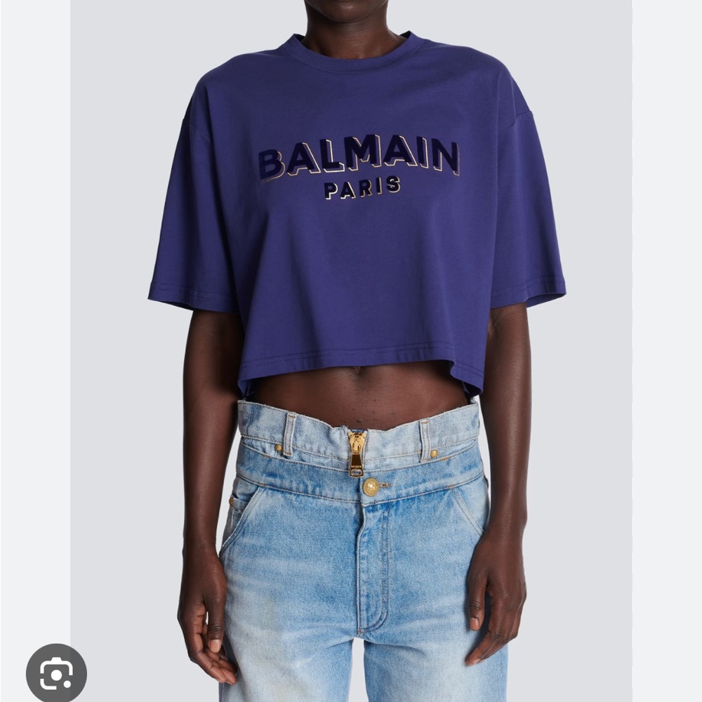 Balmain Women Cropped cotton T-shirt with flocked metallic Balmain logo - Sz XS
